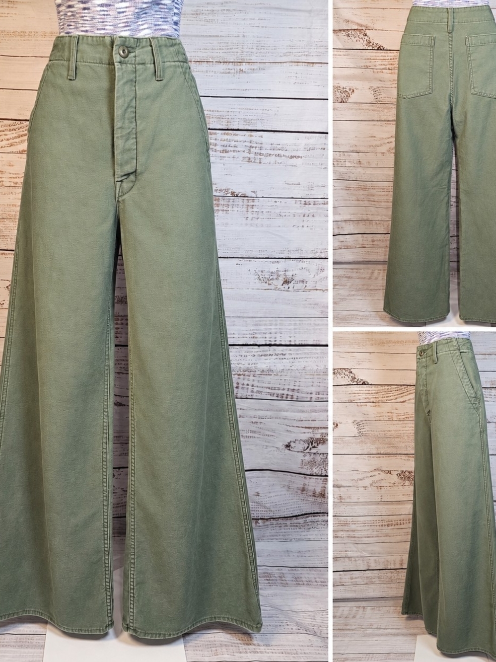 MOTHER Major Roller Sneak Super High Rise Wide Leg Pants 27 Roger That Green